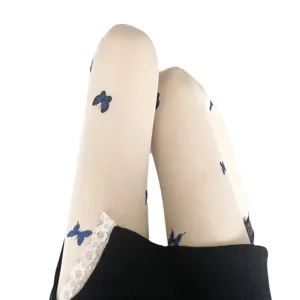 White sheer pantyhose with blue embroidered butterfly pattern, sweet Japanese style tights.
