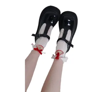 Japanese style cute JK black Mary Jane shoes with white hollow bow short socks set.