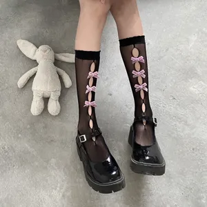 Japanische süße JK Schleife hohle Wadenstrümpfe für Damen Sommer dünne schwarze Socken