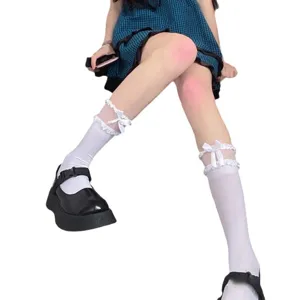 Lolita white velvet mid-calf socks with sweet lace ruffles and cute bows for women.