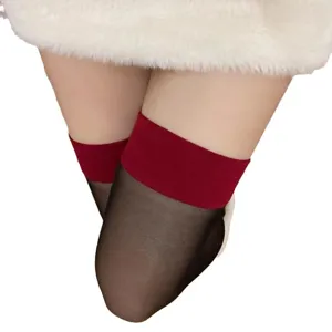 Sexy sheer black thigh high stockings with contrasting red cuffs for women, stylish over knee socks.