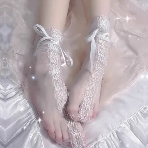 Calzini corti di pizzo di vetro cristallo Lolita calze trasparenti eleganti con fiocco