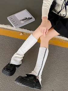 Jambières en tricot blanc avec fermeture éclair, chaussettes Y2K tendance pour femme automne.
