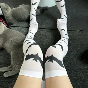 Calze alte bianche gotiche di Halloween con stampa di pipistrello per cosplay JK festa