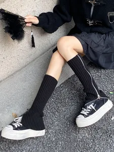 Jambières zippées en tricot noir pour hiver chaud mignon style Y2K mode chaussettes