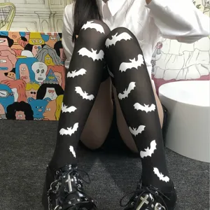 Goth Halloween Stampa Pipistrello Collant Sopra Il Ginocchio Donna Scura Subcultura Calze Alte Coscia Festa Cosplay Accessori