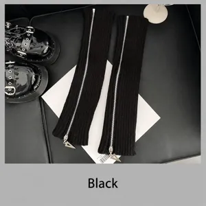 Jambières en tricot noir avec fermeture éclair, style y2k chaussettes chaudes pour femme.