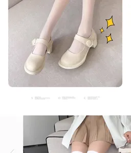 Detailed view of Japanese style Lolita Mary Jane heels paired with white stockings.