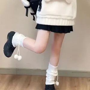 Japonais Lolita doux blanc tricoté pompon jambières mignon fille mollet chaussettes