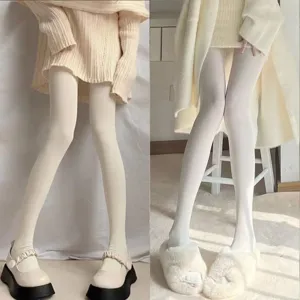 Medias de terciopelo blanco leche para mujer, leotardos suaves y lisos Lolita JK elegantes.