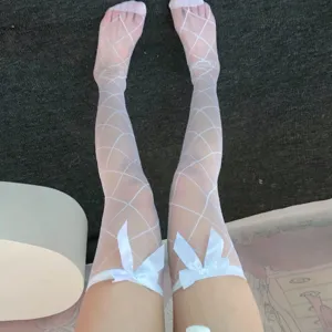 White diamond pattern thigh high stockings with cute satin bows, sexy sheer over knee socks.