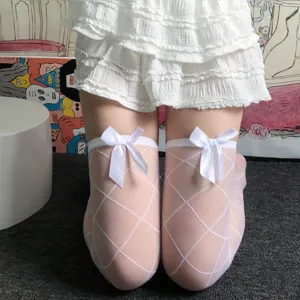 White mesh thigh high stockings with cute bows and diamond pattern JK over knee socks main