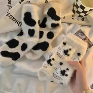 Cute women fluffy cow print fuzzy socks winter warm thick soft home sleeping floor socks