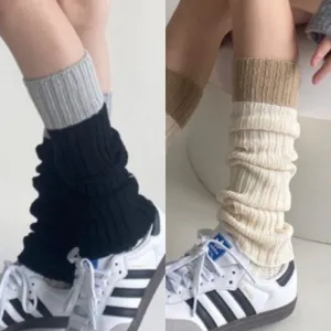 Knitted color block leg warmers for women, cozy winter calf socks, stylish warm boot cuffs.