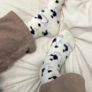 Cozy fleece fluffy winter socks for women cute cow print warm home sleeping socks floor