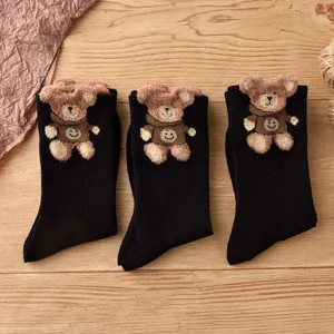 womens black mid-calf socks with 3D cute teddy bear plush decoration autumn winter socks