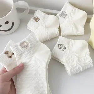 Cute white embroidered short socks for women, spring summer cotton student style casual socks.
