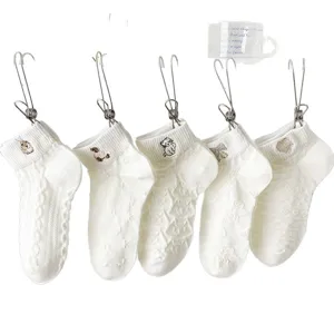 Women white cute cartoon embroidered short socks cotton casual sweet style hosiery socks