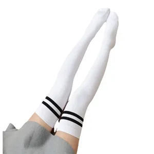 White over-the-knee long socks with double stripes Japanese college style hosiery for women.