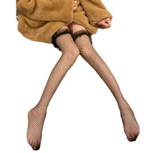Bas de résille noirs sexy pour femmes cuisses hautes volants en dentelle bonneterie élégante