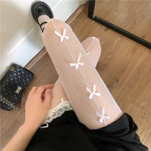 White fishnet pantyhose with cute bows, sweet Lolita style tights for women daily wear.