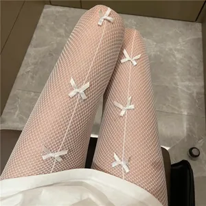 White fishnet pantyhose for women with cute 3D bows, sweet Japanese JK style hosiery.