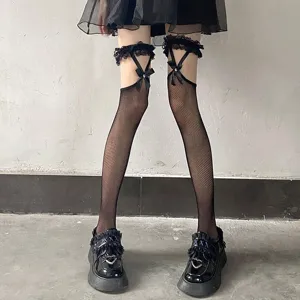 Black fishnet stockings with lace garter and cute bowknot, perfect for JK cosplay and daily wear.