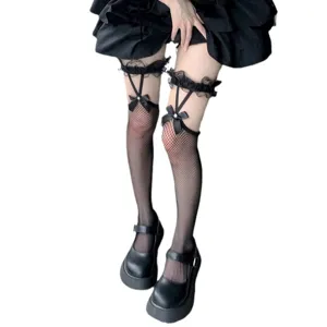 Black fishnet over-the-knee stockings with lace garter and sweet bowknot design for daily wear.