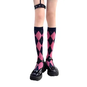 Chaussettes mi-hautes losanges femme style collège britannique rétro mode JK chaussettes