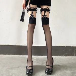 Women Sexy Lace Bow Garter Thigh High Stockings Japanese JK Style Ribbon Ribbon Over The Knee Stockings Black White Thin Hosiery