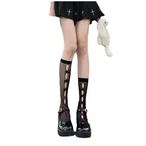 Japanische JK Stil schwarze hohle Schleife Kniestrümpfe Damen süße dünne Sommer Socken