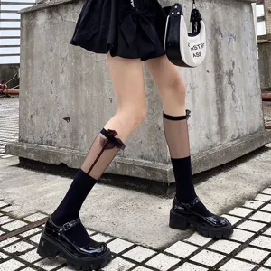 Μαύρες διαφανείς κάλτσες γάμπας με φιόγκο Lolita JK καλσόν μόδα στυλ γλυκό κοριτσίστικο