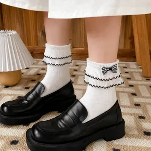 Sweet Japanese Lolita Bowknot Lace Mid Tube Socks Cute Kawaii College Style Cotton Princess Casual Stockings