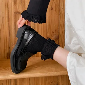 Stylish black loafers paired with black ruffled Lolita socks for a cute JK Japanese style look.