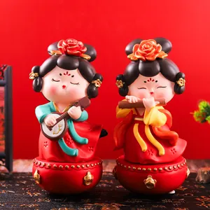 Chinese traditional style ancient maiden tumbler figurine detail, cute resin desktop ornament.