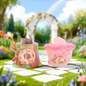 Blooming dream crystal blind box detail view, cute resin tree stump and flower ornament.