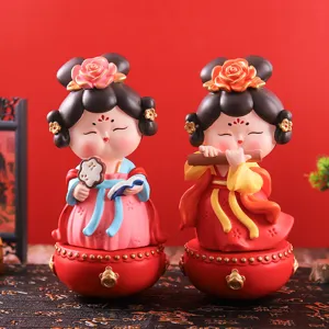 Tang Dynasty style court lady roly-poly desktop ornament, cute Chinese Guochao home decor.
