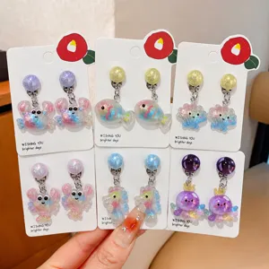Cute kids clip-on earrings set with ocean cartoon animal charms, resin jewelry for girls.
