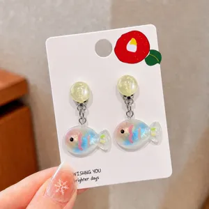 Cute resin fish clip-on earrings for kids, colorful cartoon design with white display card.