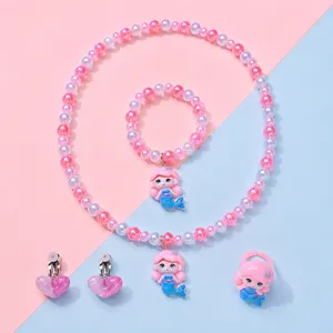 Kids Princess Mermaid Necklace Bracelet Ring Earring Set Colorful Bead Cartoon Jewelry Gift For Little Girls