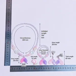 Kids mermaid tail beaded jewelry set size chart showing necklace, bracelet, ring, and earrings dimensions.