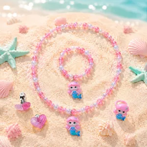 Children mermaid necklace bracelet set with iridescent beads and cute cartoon princess charm.
