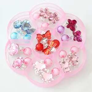 Kids clip-on earrings set in flower storage box, colorful non-pierced jewelry gift for girls.
