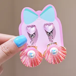 Children pink heart shell imitation pearl clip-on earrings cute party jewelry gift