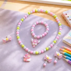 Kids Cartoon Princess Necklace Bracelet Earrings Ring Cute Unicorn Angel Heart Beaded Jewelry Gift For Little Girls