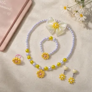Kids cute flower pearl beaded necklace bracelet ring earrings hair clip jewelry set for girls.