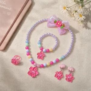 Children beaded necklace bracelet princess flower jewelry set hair clip ring earrings detail