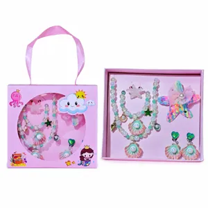 Children jewelry gift box set, cute mermaid shell necklace bracelet ring earrings hair clip.