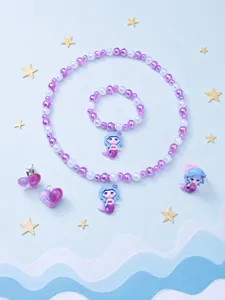 Kids mermaid pearl necklace bracelet earrings ring set cute princess style jewelry details