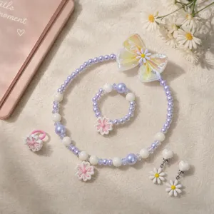 Children pearl beaded necklace bracelet ring hair clip set cute princess detail showcase